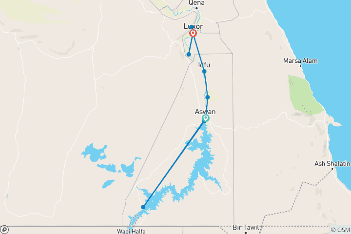 Karte von 4 Tage Nilkreuzfahrt von Assuan nach Luxor mit Besichtigungen und Abu Simbel