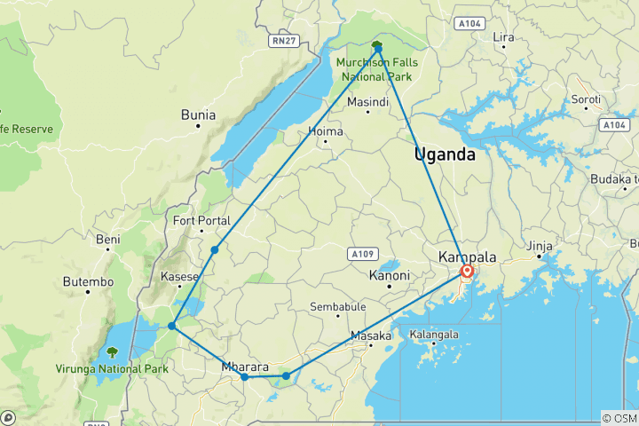 Map of 10 Days Gorilla, Chimpanzee and Murchison Falls Safari