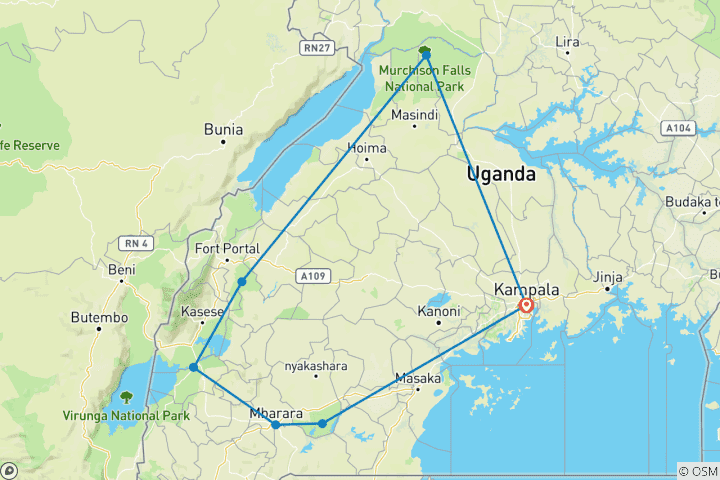 Map of 10 Days Gorilla, Chimpanzee and Murchison Falls Safari