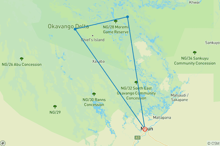 Map of Inner Delta Mokoro Safari 4 Days/3 Nights