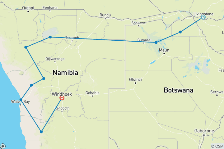 Map of Falls, Botswana & Namibia - 14 days