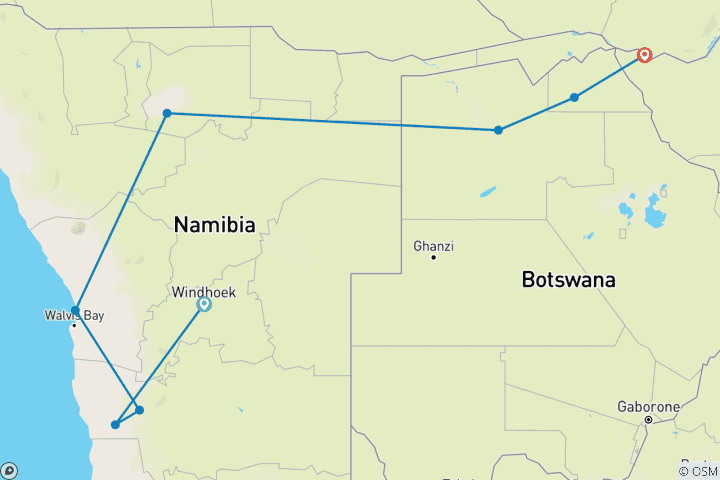 Map of Namibia, Botswana and Falls - 14 days