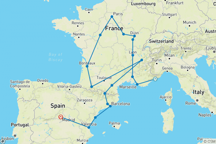 Karte von Frankreich, Andorra und Spanien (von Côte d’Azur bis Madrid)