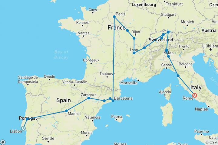 Carte du circuit Pleins feux sur l'Europe (21 destinations)