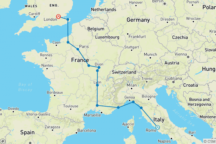 Carte du circuit De l'Italie à la France avec Londres (13 destinations)