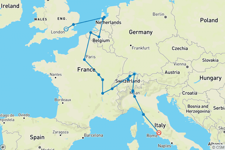 Carte du circuit Trekking à travers le continent avec Rome (20 destinations)