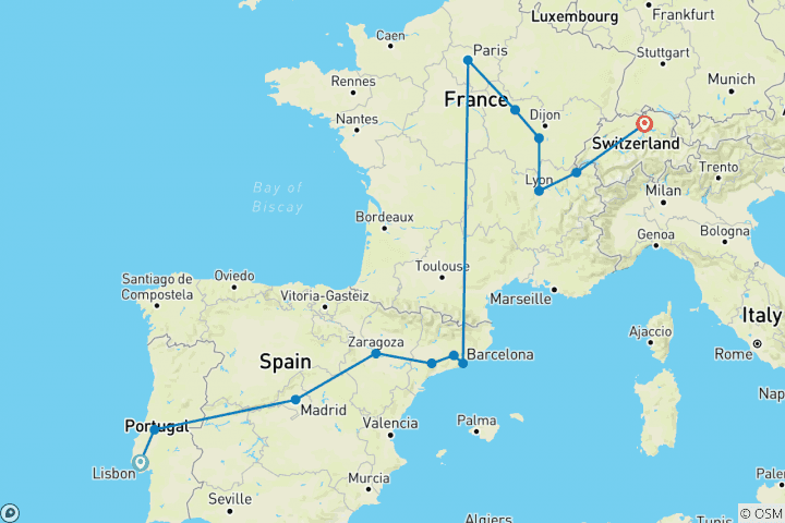 Kaart van Europees spotlicht einde Zürich (13 bestemmingen)