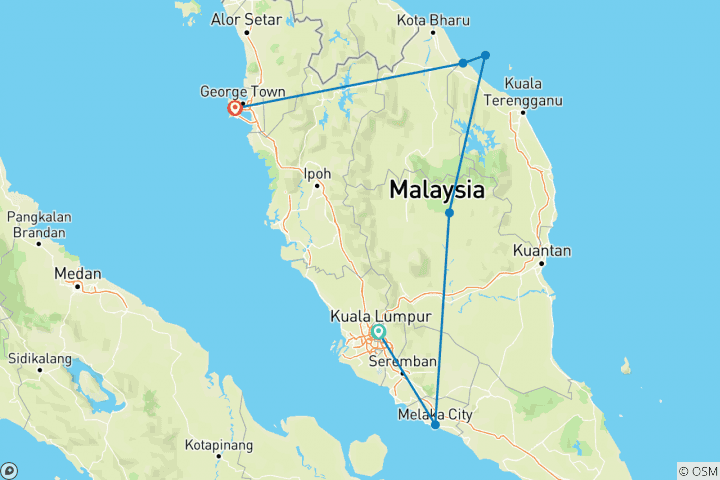 Map of Malaysia Highlights (from Kuala Lumpur to Penang Island)