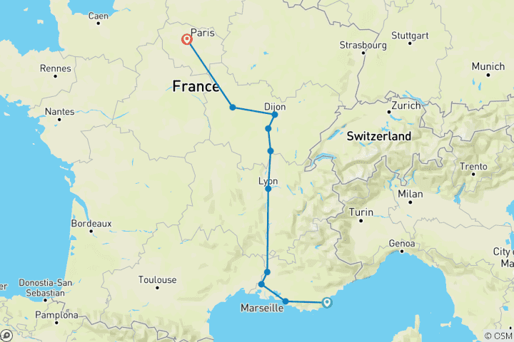 Carte du circuit Traversée de la France (from Saint-Tropez to Paris)