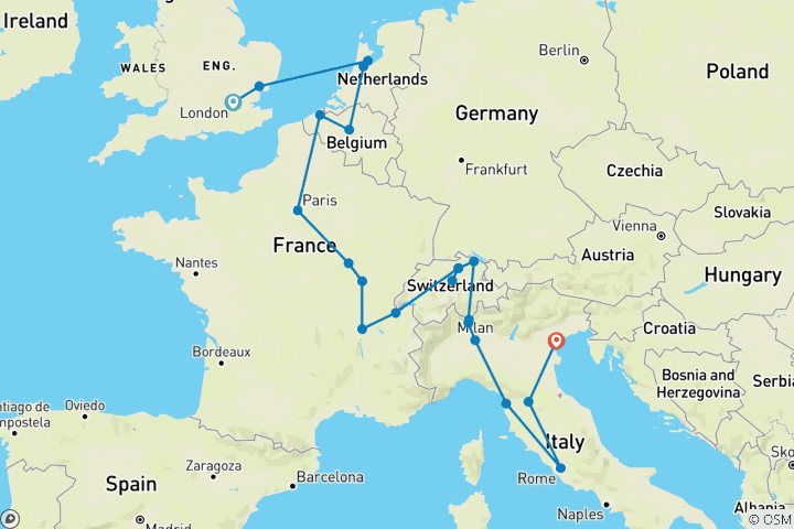 Mapa de Senderismo por el continente con Italia clásica (22 destinations)