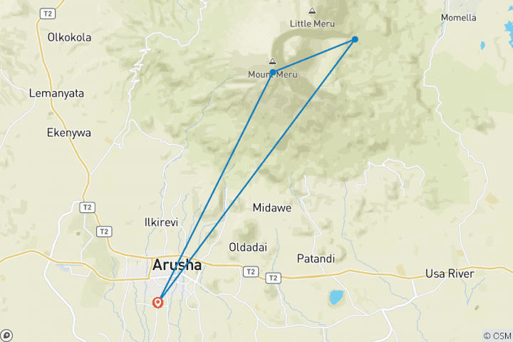 Map of 4-Day Mount Meru( Height 4562Meters) - Trekking Tanzania