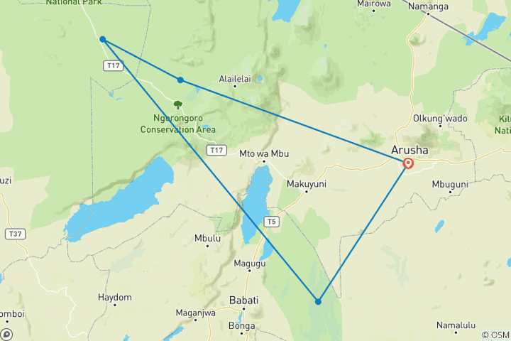 Kaart van 6-daagse Tanzania Wildlife Ontmoetingen