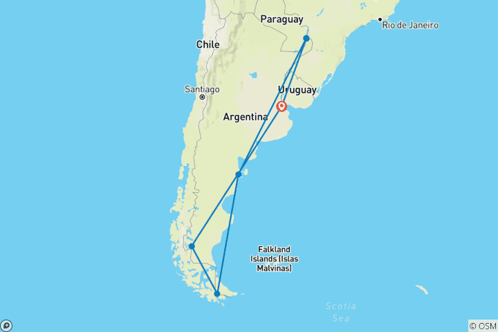 Map of Unforgettable Argentina - Buenos Aires, Puerto Iguazú, Puerto Madryn, Ushuaia & El Calafate or Viceversa - 12 days