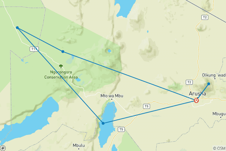 Map of 10 Days Affordable Tanzania Safari and Mount Meru Trekking