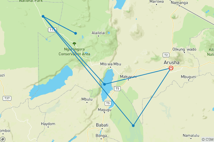 Map of 9 Days Tanzania Game Drives And Walking Safari Tour