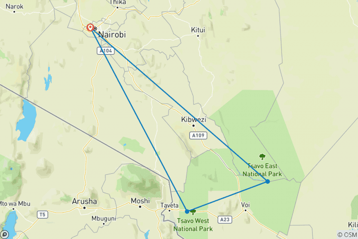 Map of 3-Days Best Wildlife Safari Tsavo East & Tsavo West From Nairobi