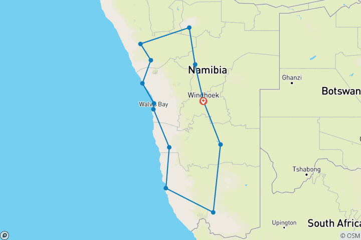 Carte du circuit 15 jours de safari avec hébergement en Namibie