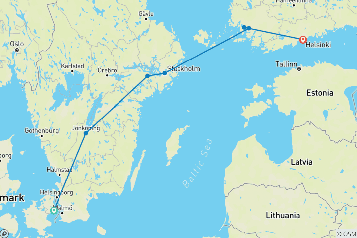 Kaart van Juwelen van Scandinavië Einde Helsinki (7 bestemmingen)