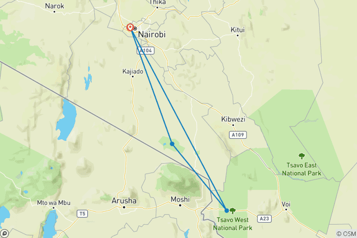 Map of 5 Days Amboseli & Tsavo West Wildlife Safari