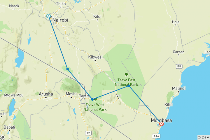 Mapa de Safari de 6 días en lodge de lujo: Amboseli, Tsavo oeste, Tsavo este, Mombasa