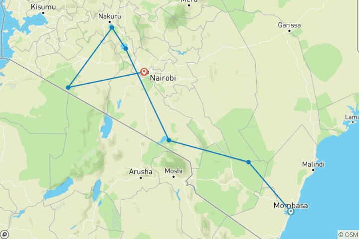 Map of 8 Days Tsavo East, Amboseli, Naivasha & Masai Mara Amazing Wildlife Safari From Mombasa or Nairobi