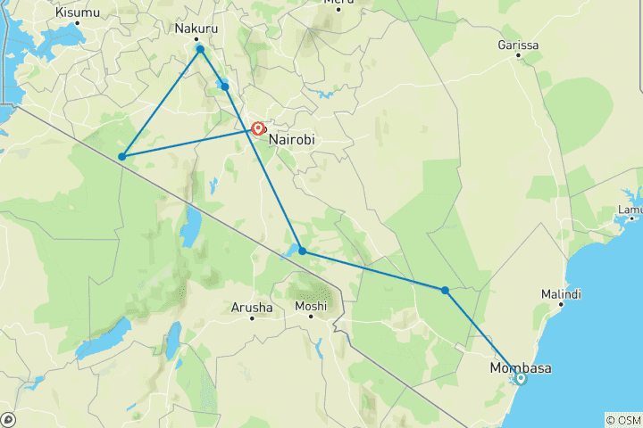 Carte du circuit Tsavo East, Amboseli, Naivasha et Masai Mara - 8 jours de safari animalier au départ de Mombasa ou de Nairobi