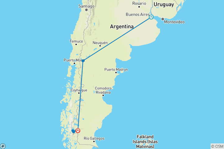Mapa de Argentina - Buenos Aires, Bariloche y Calafate - 10 días