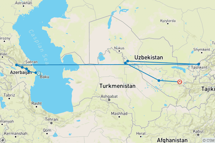 Map of Azerbaijan and Uzbekistan 14 days Private Silk Road Tour