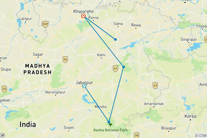 Map of 10-Day Wildlife Safaris in Central India from Jabalpur  Ending at  Temple Town of Khajurhao