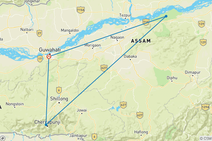 Map of 10-Day Tour of Exotic Northeast India: Mawsmai Caves, Living Roots Bridges and Kaziranga National Park