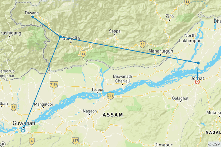 Map of 11-Day Adventure Tour of Northeast India: Wild Orchids Valleys  Tea Gardens and Snow-capped Mountains from Guwahati to Jorhat