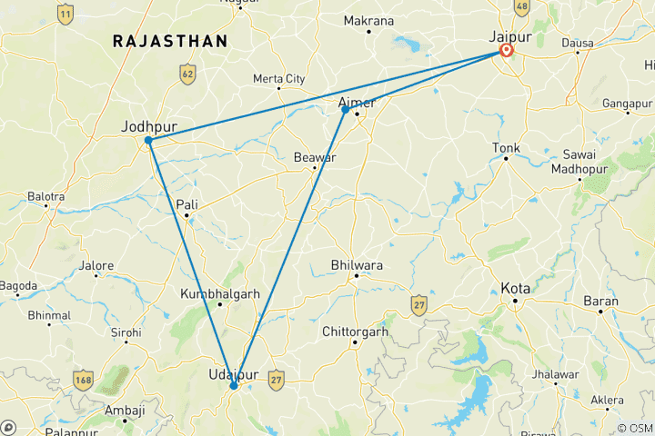 Carte du circuit 6 jours Jaipur Jodhpur Udaipur Pushkar Tour