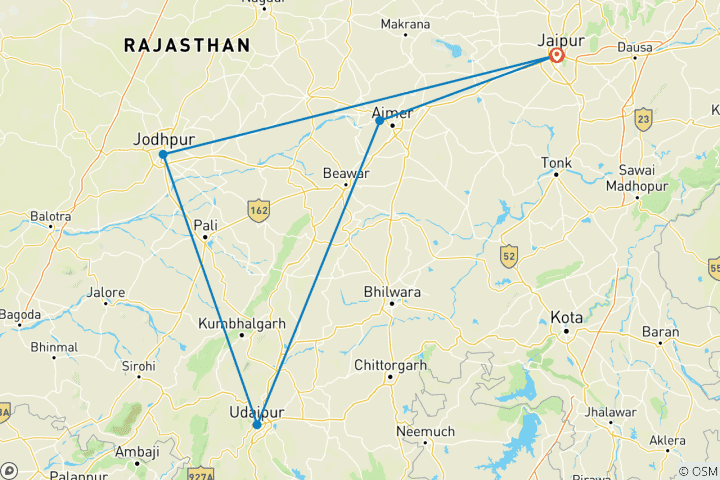 Kaart van Jaipur Jodhpur Udaipur Pushkar Tour 5 Nachten 6 Dagen