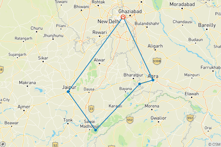 Map of 6 Days Golden Triangle Tour with Ranthambore Tigers and Taj Mahal Sunset/Sunrise