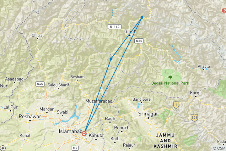 Carte du circuit 10 jours d'expérience au Pakistan, le plus haut Trek du lac Rusk