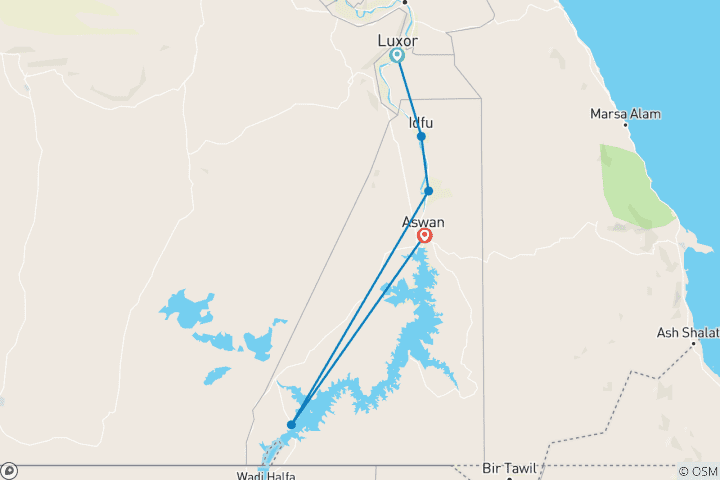 Mapa de Odisea por el Nilo: Luxor - Asuán -Abu Simbel - Globo Aerostático A5 días con visita guiada