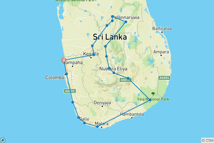 Kaart van GrandagenRondreis door Sri Lanka  – 12 dagen