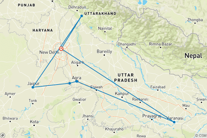 Carte du circuit Circuit de 10 jours à Delhi, Agra, Jaipur, Varanasi [Gange] et Rishikesh [Yoga].