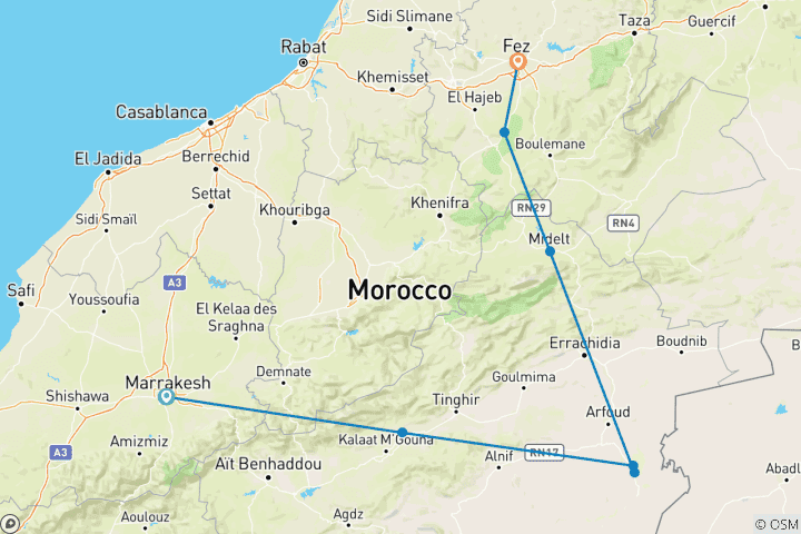 Map of 3 Days Desert Tour from Marrakech to Fes