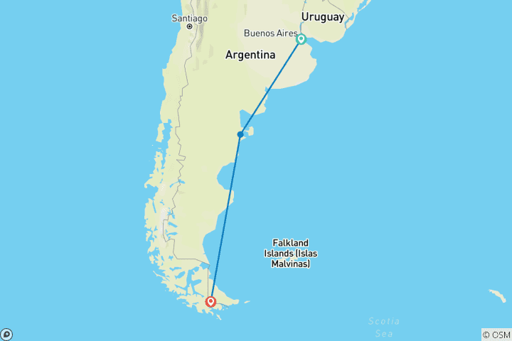 Carte du circuit Argentine - Nature magique : Buenos Aires, Puerto Madryn et Ushuaia - 9 jours