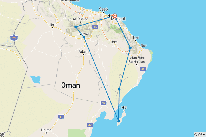 Map of Oman Crossing Desert And Masirah Island 07 Nights/ 08 days