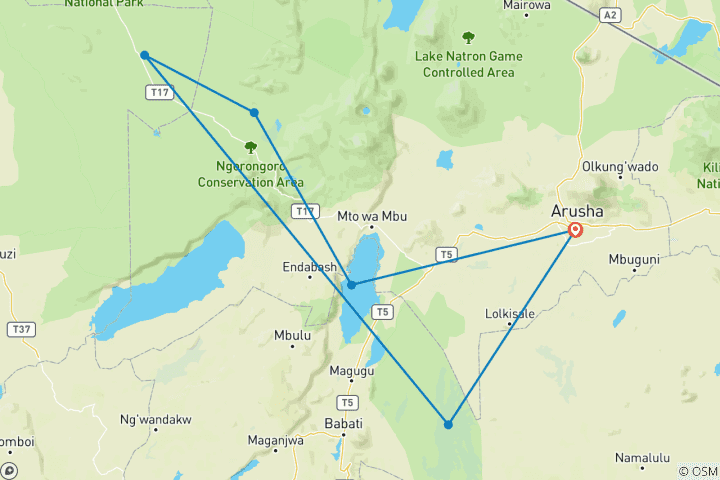 Carte du circuit 5 jours de safari en Lodge avec groupe mixte dans le Serengeti, le Ngorongoro, le Tarangire et le lac Manyara au départ de Zanzibar