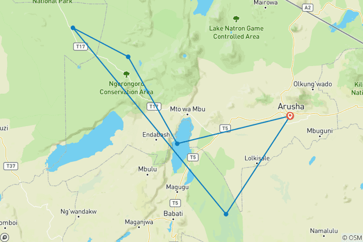 Map of 5 days Join Group Lodge Safari in Serengeti, Ngorongoro, Tarangire and Lake Manyara from Zanzibar