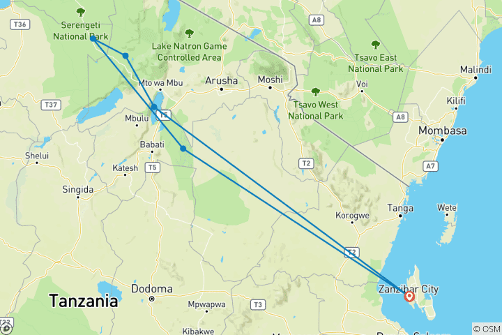 Carte du circuit 5 jours de safari en Lodge avec groupe mixte dans le Serengeti, le Ngorongoro, le Tarangire et le lac Manyara au départ de Zanzibar