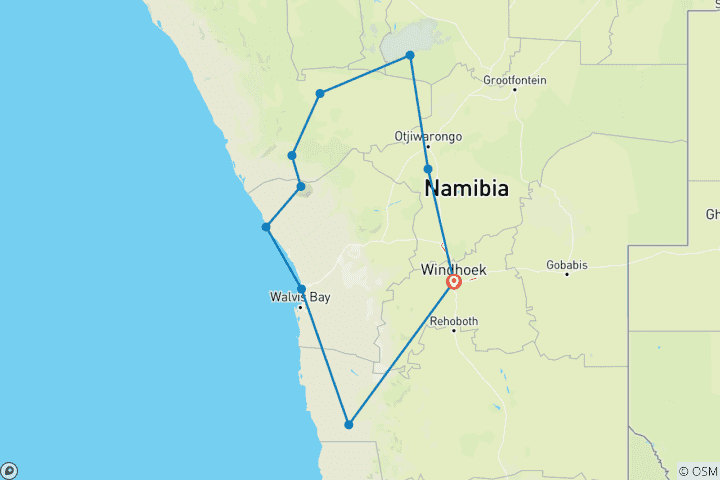 Carte du circuit Namibie du Nord, Damaraland, Côte et Sossusvlei - Safari camping - 10 jours