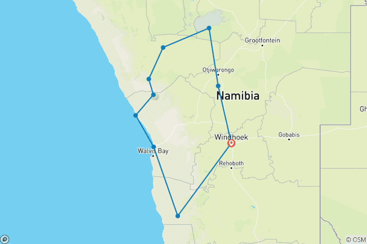 Map of 10 Days Northern Namibia, Damaraland, Coast & Sossusvlei Camping Safari