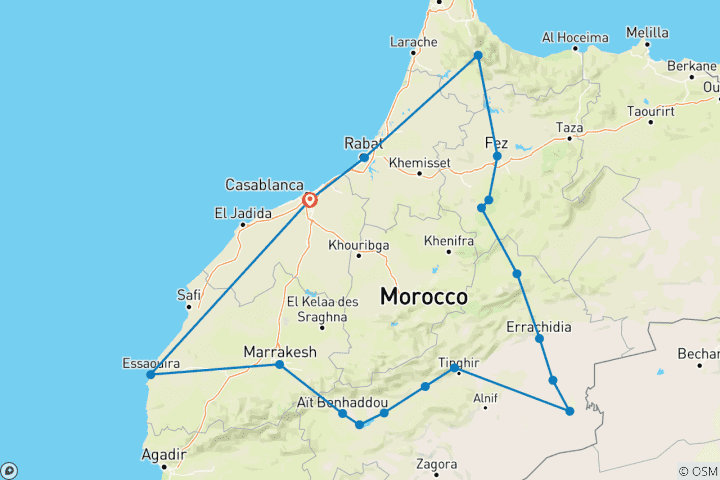 Mapa de Viaje de 11 días a Marruecos desde casablanca por el desierto del Sahara