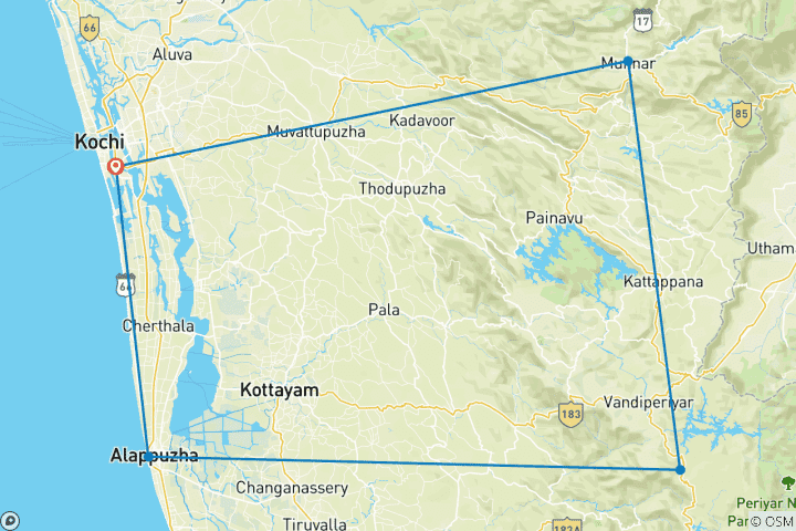 Carte du circuit Circuit sur mesure de 7 jours au Kerala, départ quotidien et voiture privée