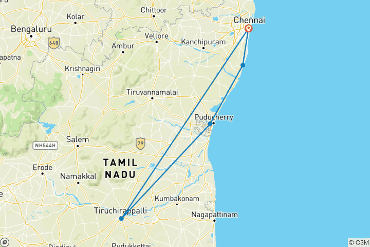 Kaart van Rondreis Zuid-India met Chennai, Kanchipuram, Mahabalipuram, Pondicherry, Thanjavur, Trichy inclusief maaltijden