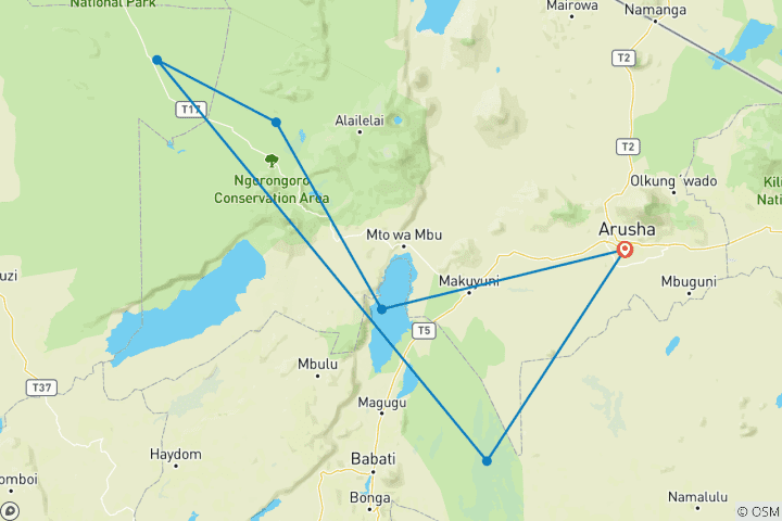 Map of 5 Days Join Group Midrange Safari Serengeti, Ngorongoro, Tarangire and Lake Manyara National Park